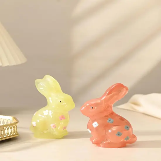 Easter Bunny Decorations Set of 2, Pink and Yellow Glass Rabbit Figurines with Delightful Flower for Spring Tabletop Decor, Indoor Home Decor {1}