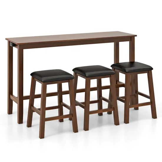 4-Piece Bar Table Set Counter-Height Table and 3 PVC Leather Upholstered Bar Stools-Brown {1}