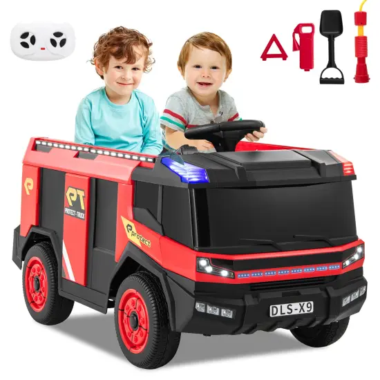 Red 12V Electric Kids Ride-On Fire Truck 2-Seater with Remote Control, Water Gun, and Siren-Red {3}
