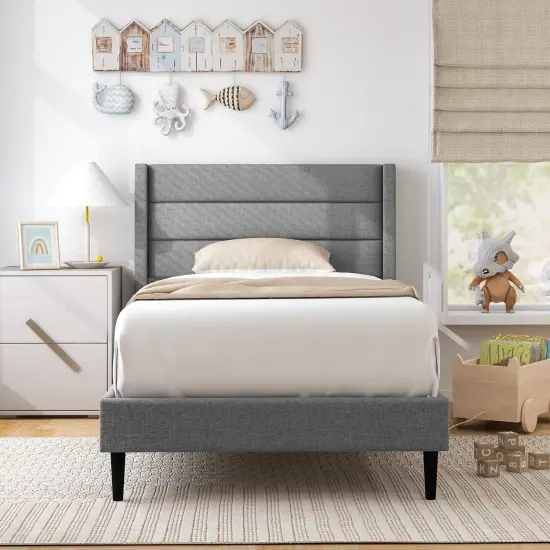 Linen Upholstered Platform Twin Bed Frame with Wing back Headboard-Twin Size {2}