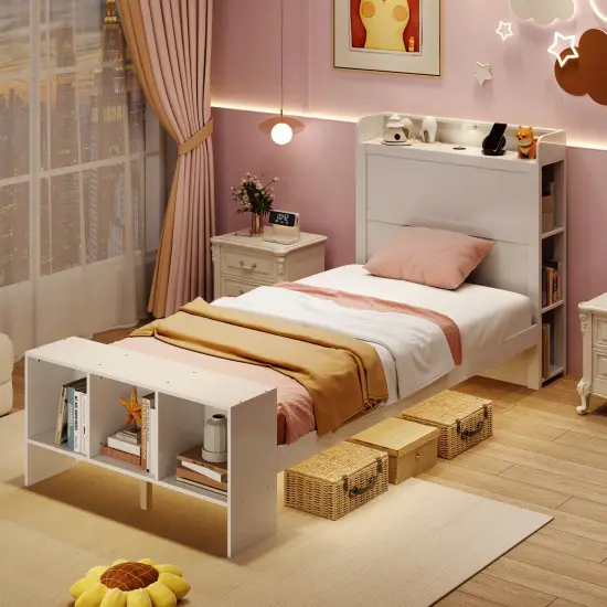 Twin Size Bed Frame with 2 USB Ports with Storage Headboard and Lights-Twin Size {3}