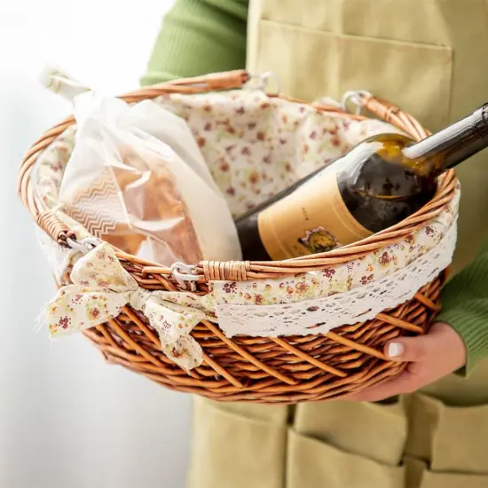 Picnic Basket with Handles & Liner Oval Empty Gift Basket Willow Woven Easter Eggs & Candy Storage Basket {4}