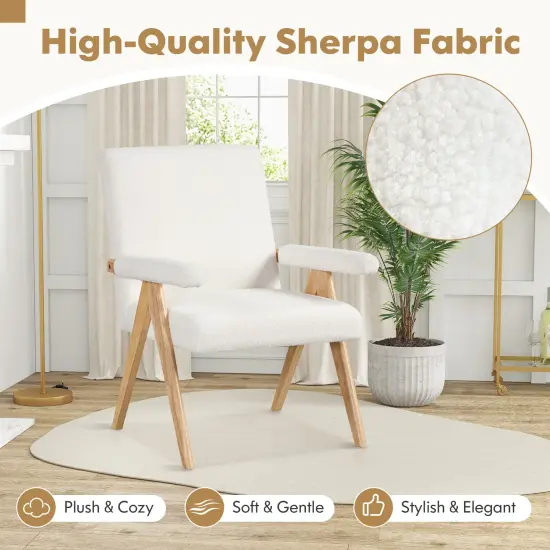 Beige Sherpa Fabric Accent Chair with Wood Arms and Backrest Comfy Lounge Chair for Modern Homes {5}