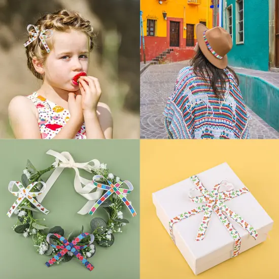 12 Rolls Fiesta Ribbon 3/8 Inch Mexican Serape Grosgrain Ribbons Colorful Stripes Pinata Cactus Guitar Decorative Ribbon for Cinco De Mayo Fiesta Party Mexican Theme Party Events, 60 Yards {3}