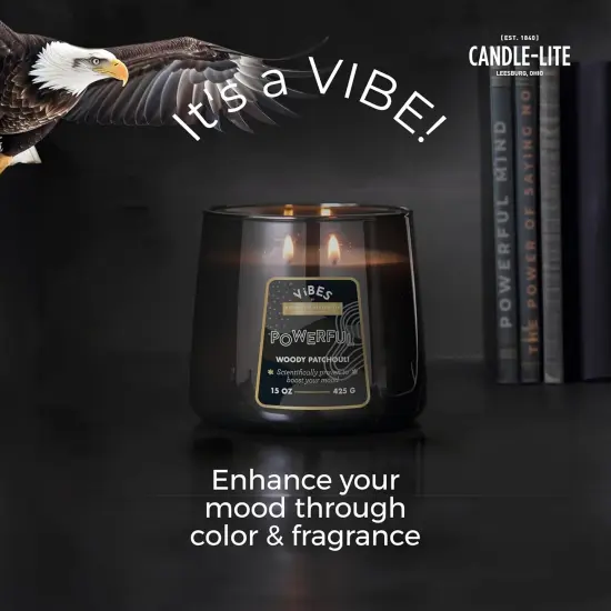 Candle-Lite Vibes Woody Patchouli Scented Candles, Perfect Relaxation Valentines Day Gifts for Her, Aromatherapy Mood-Enhancing, 15 oz 2-Wick Jar, 86 Hours Burn Time {5}