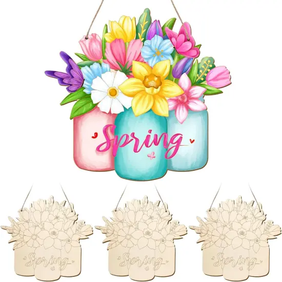 Paintable Spring Ornaments 3 Sets, Wooden Spring Ornaments to Paint, Unfinished Spring Flowers Wreaths Wood Crafts for Painting, Wood Cutouts DIY Ornaments for Kids Adults Door Decor (Spring {6}