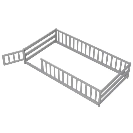 Twin Size Wooden Montessori Floor Bed with with Lockable Door and Fence Perfect for Kids Room Grey {4}