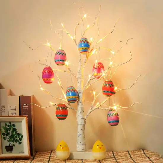 Easter Decorations, Easter Tree with 10pcs Eggs Ornaments, Lighted White Birch Tree with Timer Battery Powered, Twig Tree Tabletop Centerpiece Spring Decorations for Home Kids (2FT/24 LED) {1}
