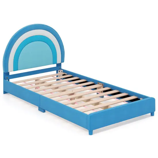 Velvet Kids Twin Bed with Adjustable Headboard Sturdy Wooden Frame and Soft Upholstery Blue {9}
