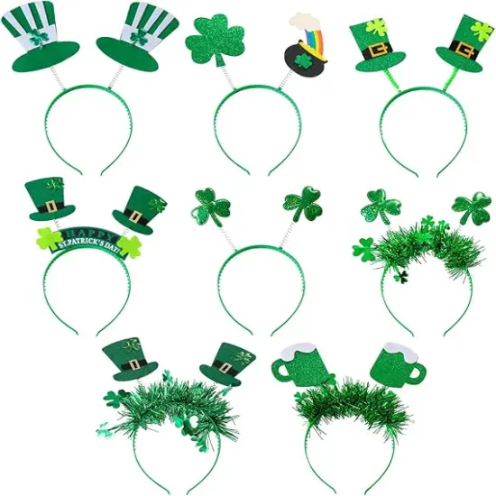 8Pcs St. Patrick's Day Headbands, Green Shamrock Clover Hats Headband Boppers, Saint Patricks Day Irish Headwear Costume Accessories Top Hat Head Band Bopper Party Favors for Women Men Kids {1}