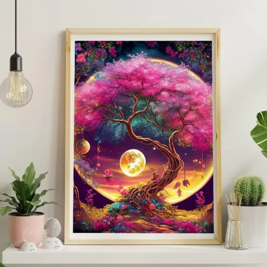 Paint by Numbers Kit for Adults Framed with Wooden Easel, Tree with Moon Painting by Numbers for Adults, Acrylic {4}