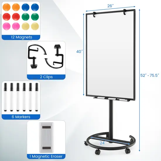 Height-Adjustable Mobile Whiteboard with Round Stand Paper Clips-Black {4}