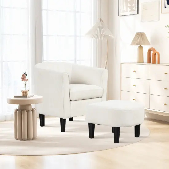 Upholstered Teddy Velvet Club Barrel Chair with Ottoman with Footrest-Beige {2}