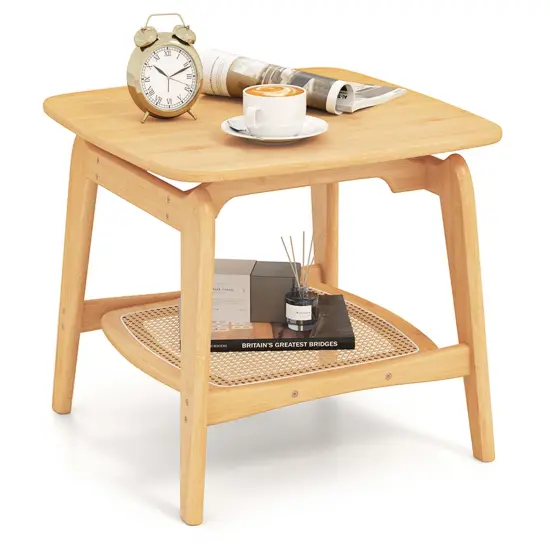 Wicker Sofa Side Table with Faux Rattan Storage Shelf-Natural {4}