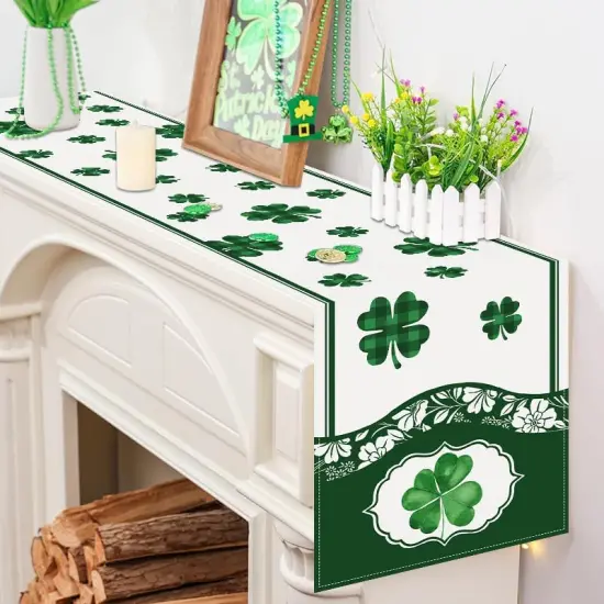 Lucky Clover Green Shamrocks Table Runner, Seasonal St Patrick's Day Holiday Kitchen Dining Table Runner {3}