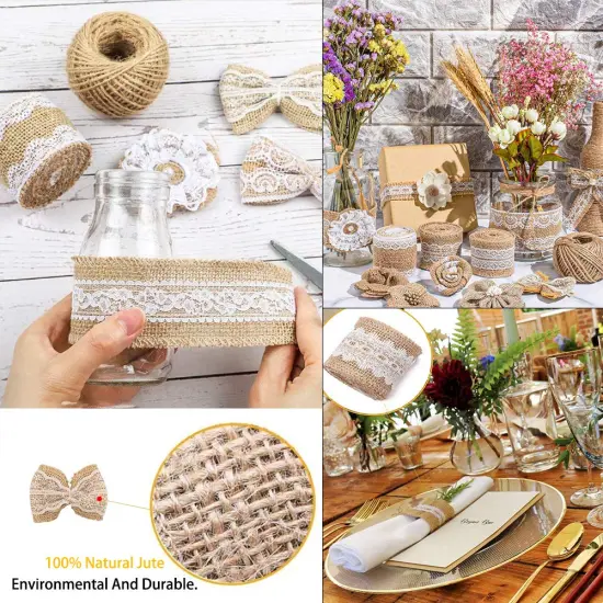 GUIFIER 30 PCS Burlap Flower Set,with 24 Handmade Burlap Flowers and Burlap Bow, 5 Burlap Lace Ribbon Rolls,1 Twine Glue Point Burlap Jute Ribbon for Wedding Party Decor Home Embellishment DIY Crafts {6}