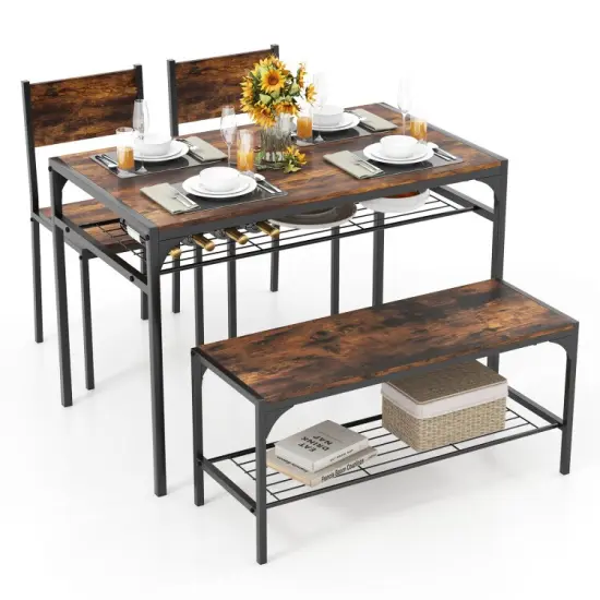 Wood Industrial Rectangular Dining Table with Bench and Metal Chairs Grey {7}