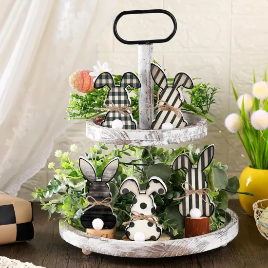 5 Pcs Easter Bunny Wooden Signs Buffalo Plaid Bunny Decor with Jute Rope Easter Decorations for The Home Tabletop Decorations for DIY Home Office Farmhouse {2}