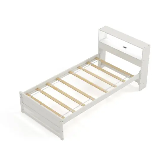 Wooden Twin Bed with Storage Headboard Charging Station LED Light and Under-bed Storage Grey {7}