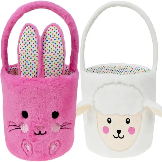 Set of 2pcs, Dia 7.9" * H 15.7", Plush Bunny&Lamb Baskets Easter Basket Easter Egg Hunting Basket Easter Decorations Party Supplies Eggs Gifts Storage {5}