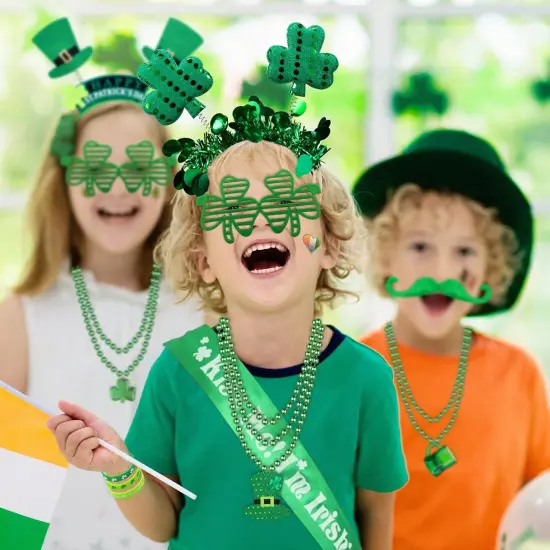 180Pcs St. Patrick's Day Accessories Party Favor Set, Tattoo Stickers, Necklaces, Bracelets, Shamrock Glasses, Headbands, Mustaches, Coins and Kiss Me I'm Irish Sash for Irish Party Supplies {5}