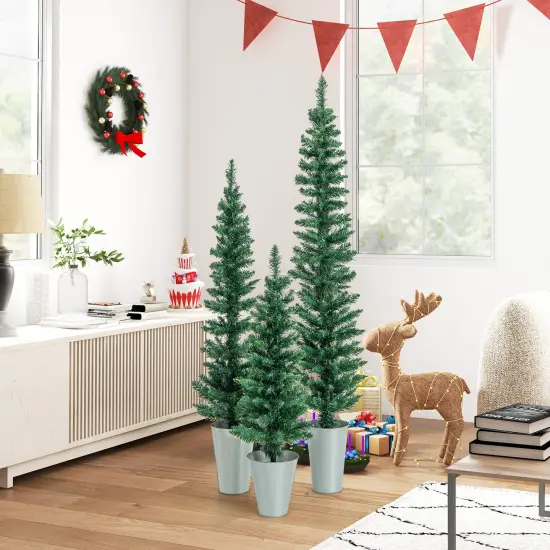 3-Pack Slim Pencil Artificial Christmas Trees with Lifelike Green PVC and Rustic Metal Buckets {2}
