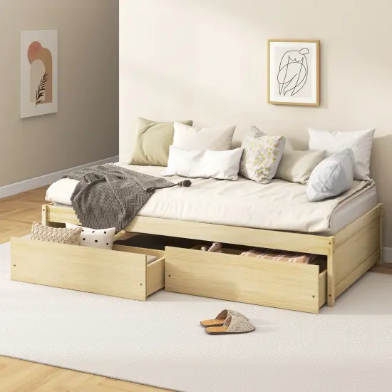Wooden Twin Captain Bed with Storage Drawers and Daybed Function Natural {6}