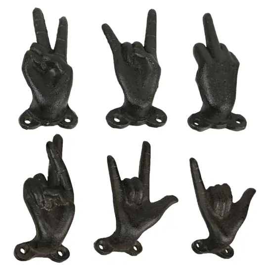 Set of 6 Cast Iron Hand Gesture Hooks Vintage Finish Hangers {6}