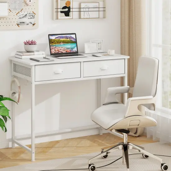 Space Saving Home Office Desk with 2 Fabric Drawers and 4 Hanging Hooks White {2}