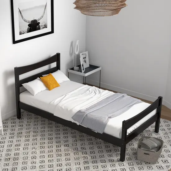 Pine Wood Twin Platform Bed with Headboard Footboard Under-bed Storage and Sturdy Slat Support Dark Brown {2}
