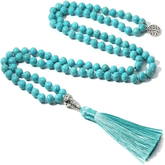 108 Mala Beads Necklace Semi-Precious Gem Stones Meditation Necklace 108 Hand Knotted Japa Mala Beaded Tassel Necklace with Tree of Life Pendant {1}