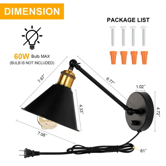 2pcs Adjustable 270 Degrees Dimmable Swing Arm Wall Sconce Hardwired Industrial Plug-In Vintage Lamp Suitable For Bedroom, Bedside, Living Room, Dormitory {2}