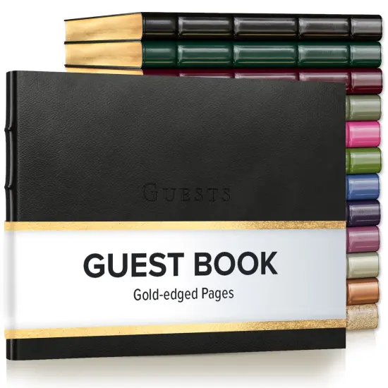 Gallery Leather Guest Book Special Events, add Photos, 192 Lined Pages, Bonded Leather, Hardcover, Gold-Gilded, Guestbook Monhegan black {1}