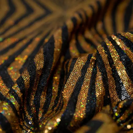 1 Yard Jenny Mesh Sequin Fabric, 58/56" Wide, Stretch Polyester-Spandex Blend for Costumes & Decor Black/Gold {3}