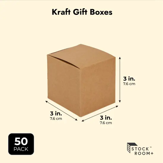 50-Pack Brown Kraft Paper Gift Boxes, 3x3x3-Inch Boxes for Party Favors with 2 Rolls of 72-foot x 0.75-Inch Satin Ribbon in 2 Colors with 50 Round Gold 1.5-Inch Stickers {3}