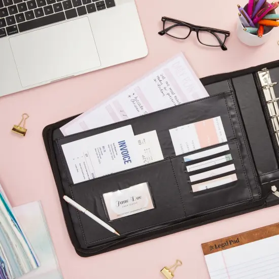 7-Ring Business Check Binder with Zipper for Checkbooks Organization, Rose Gold Zippered Portfolio Organizer, Professional PU Leather Folder Holder for Documents, Cards (15x12 in) {3}