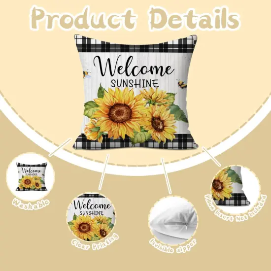 Sunflower Decorative Throw Pillow Covers, Set of 2, Sweet Home Decorations Cushion Case for Sofa Couch, Sunflower Decor Gifts for Home Living Room Bedroom, 18x18 Inch Pillow Cases {2}