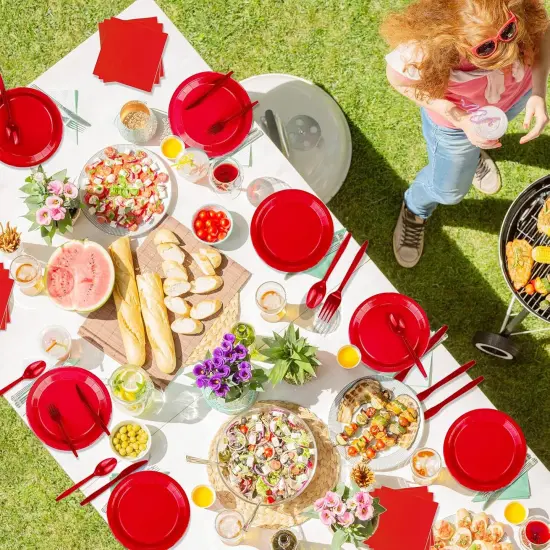 228PCS Red Party Supplies Set Include Paper Plates Cups Red Napkins Plastic Spoons Forks Knives for 30 Guests Disposable Party Dinnerware {3}