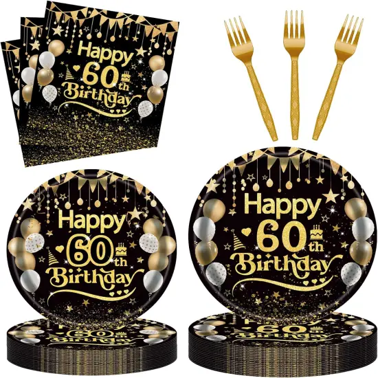 96Pcs 60th Happy Birthday Tableware Set Black Gold Disposable Paper Plates and Napkins with Forks Back in 1965 Birthday Party Decorations Supplies for Men Women, Serve 24 {1}