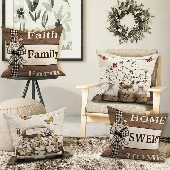 Farmhouse Pillow Covers 18x18 Inch Set of 4 Home Sweet Home Brown Throw Pillow Covers Truck Stripes Buffalo Plaid Outdoor Decor Farmhouse Mothers Day Pillowcase Cushion Case for Sofa Couch {3}