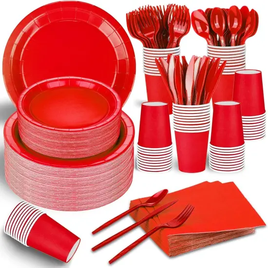 228PCS Red Party Supplies Set Include Paper Plates Cups Red Napkins Plastic Spoons Forks Knives for 30 Guests Disposable Party Dinnerware {1}