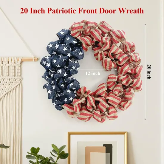 24 Inch Summer Patriotic Front Door Wreath, 4th July Independence Day Wreath America Patriotic Flag Burlap Farmhouse Decor, Memorial Day Americana Wreaths for Front Door Window Christmas Decor {2}