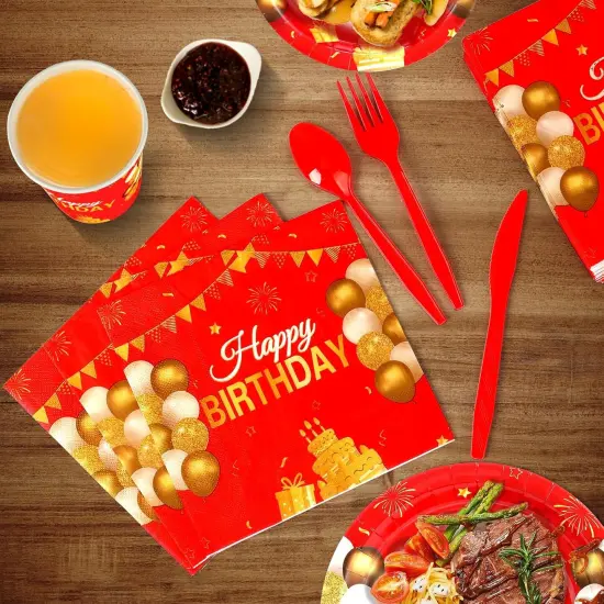 168 Pcs Red and Gold Party Supplies Tableware Set Happy Birthday Plates, Knife,Forks,Spoons, Cups and Napkins Table Decorations {3}