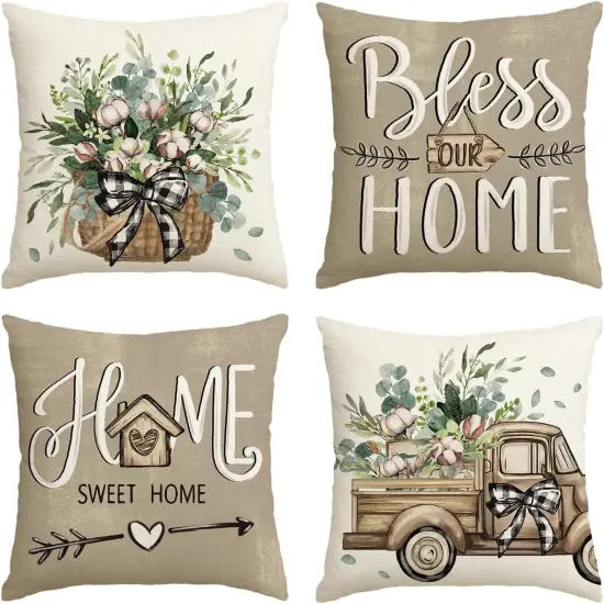Bless Our Home Farmhouse Eucalyptus Leaves Throw Pillow Covers, 18 x 18 Inch Truck Home Sweet Home Cushion Case Decorations Set of 4 {1}