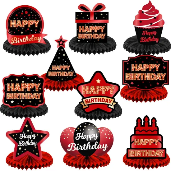 Happy Birthday Red and Black Table Honeycomb Centerpieces Balloons Theme Decor Table Decorations Table Toppers for Girls Women Princess 6th 21st 30th 40th 50th 60th Birthday Party Bday Supplies Gold {1}