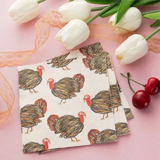 100 Pack Turkey Thanksgiving Cocktail Napkins for Party Supplies (5 x 5 In) White {4}