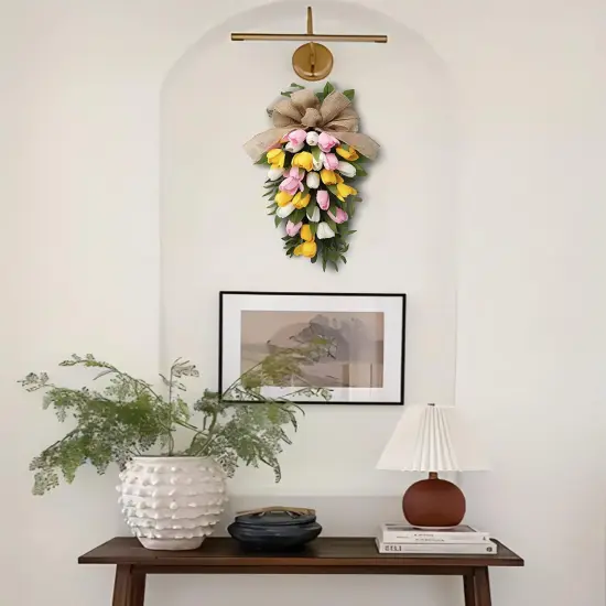 Artificial Tulips Teardrop Swag with Burlap Bow {3}