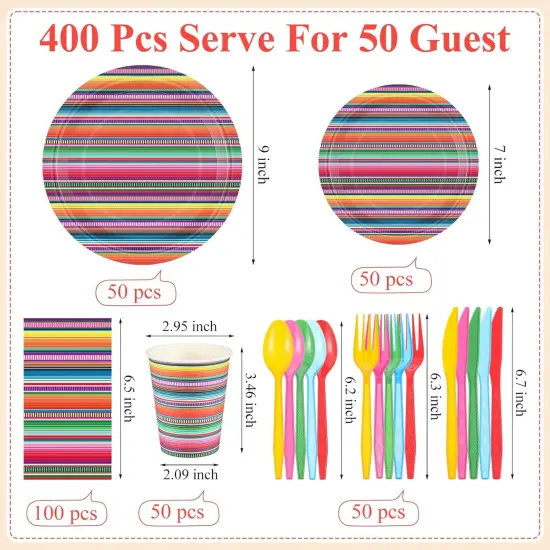 400 Pcs Mexican Party Supplies Mexico Stripes Disposable Paper Plates Napkins and Cups Mexican Tableware Decorations for Cinco De Mayo Dance Pinata Taco, Birthday Party {3}