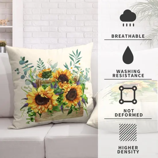 Sunflower Pillow Covers Spring Summer Floral Throw Pillow Covers Set of 2 Sunflowers with Eucalyptus Leaves Farmhouse Pillow Case 18x18 for Sofa Car Patio, Cotton Linen {2}
