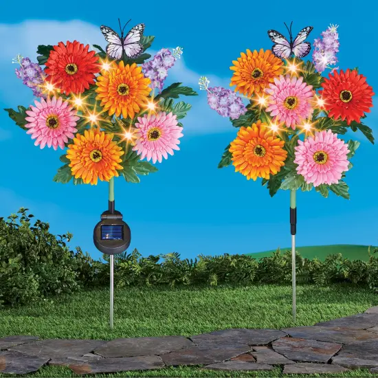 Collections Etc Solar Powered Gerber Daisies Outdoor Garden Stakes - Set of 2 {1}